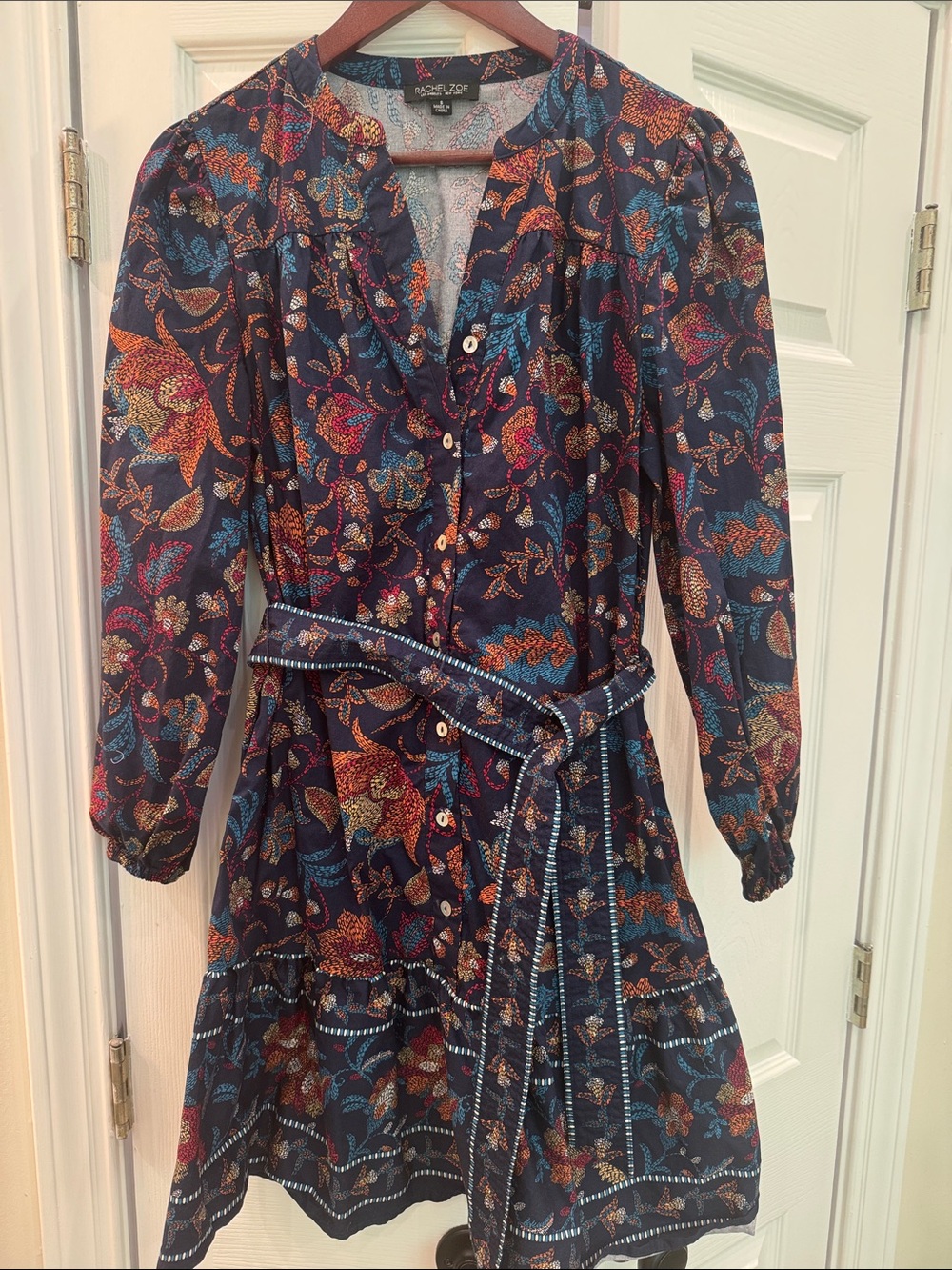 Rachel Zoe Navy Multicolor Floral Tie-Waist Long Sleeve Dress